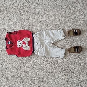 Janie and Jack outfit with shoes. Knitted bear vest with linen-cotton pants.